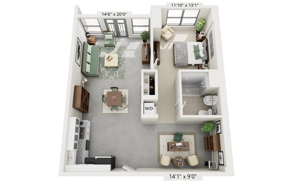 One Bedroom Mezzo Classic - 1 bedroom floorplan layout with 1 bathroom and 830 - 922 square feet